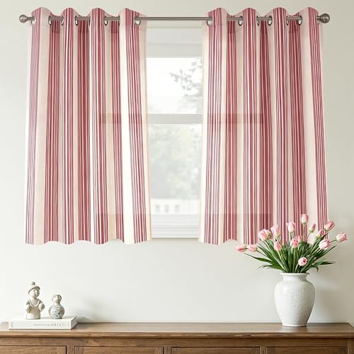 DriftAway Farmhouse Curtains for Living Room Vertical Striped Linen Curtains Semi Sheer Light Filtering Grommet Window Treatments, 36 Inches Long, 2 Panels, Red on Beige