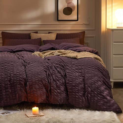 JELLYMONI Purple Seersucker Duvet Cover Set King Size - Soft Breathable, Cotton-Like Feel, Crinkled Texture, Fall Bedding, Oeko-Tex Certified, 8 Corner Ties & Hidden Zipper