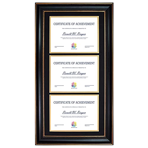 MAT BOARD CENTER, 14x29 Triple Diploma Frame Hold Three 8.5x11 Certificates with Black Over Gold Mat Wall Mount Display Real Glass (Color Black/Ornate Gold)