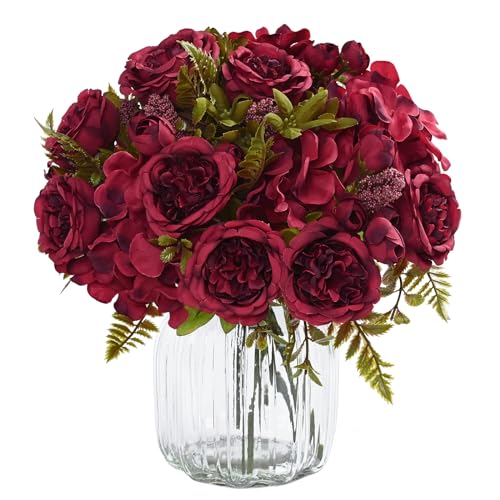 MARTINE MALL 4 Packs Peonies Artificial Flowers, Burgundy Artificial Peonies, Silk Peonies Flowers Fake Peonies Artificial Flowers Peonies Bouquet for Halloween Centerpiece Table Wedding Home Decor