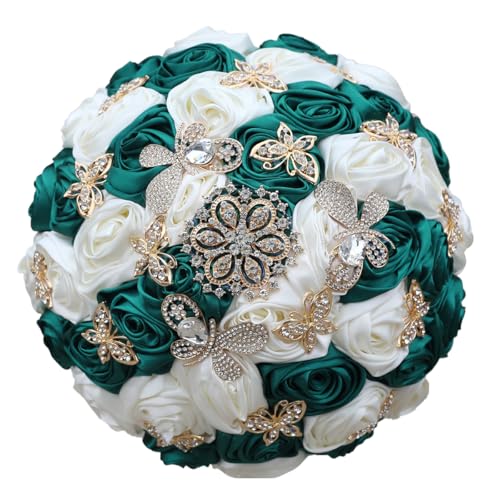 "Mhojpik Handmade Wedding Flowers Bouquet Round Holding Bridal Bouquet Toss Artificial Rose Bunch for Bride Bridesmaid Wedding Quinceanera (Dark Green & Ivory, 9.8"")"