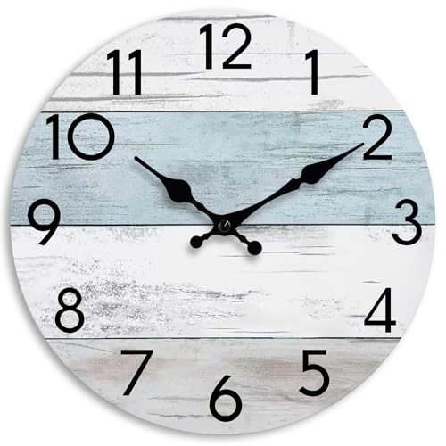 KECYET 14 Inch Wall Clock, Silent Battery Operated Analog Clock, Blue White - Beach Style - Coastal Decorative - Kitchen - Living Room - Bathroom - Pool - House