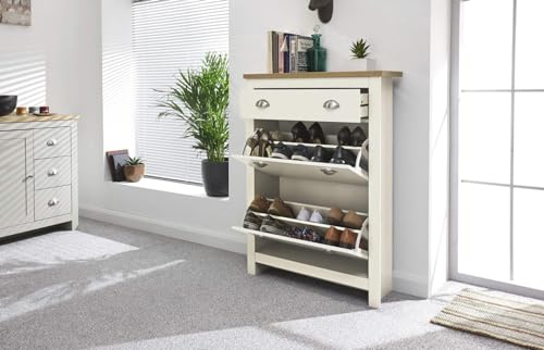 GFW Lancaster Cream and Oak 2 Door 1 Drawer Shoe Cabinet, Hallway Shoe Storage Unit with Oak Effect Top and Hidden Footwear Storage