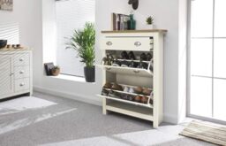 GFW Lancaster Cream and Oak 2 Door 1 Drawer Shoe Cabinet, Hallway Shoe Storage Unit with Oak Effect Top and Hidden Footwear Storage