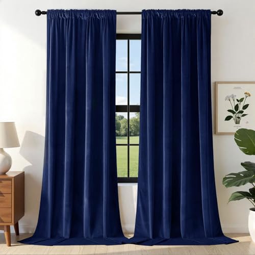 Joydeco Blue Velvet Curtains 90 inch Length 2 Panels Burg Set, Luxury Rod Pocket Thermal Insulated Window Blackout Curtain, Room Darkening Drapes for Living Dining Room Bedroom Privacy