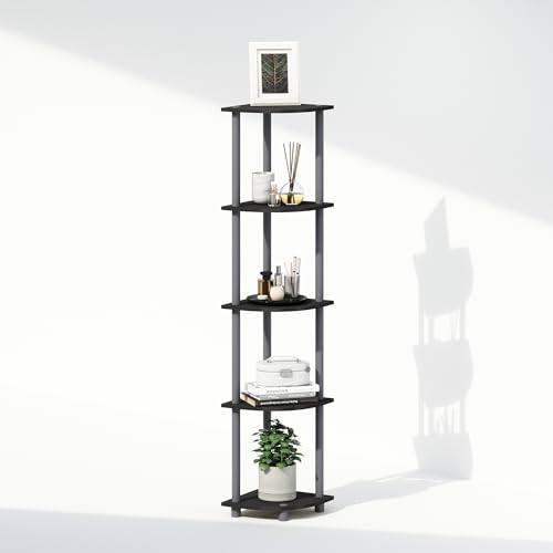 Furinno TURN-N-TUBE Corner Shelf, 5-Tier Corner Display Rack, Shelving Unit, for Organization and Storage, Living Room, Home Office, Garage, Bedroom, Plain Black