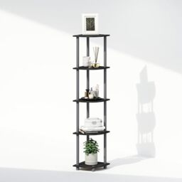 Furinno TURN-N-TUBE Corner Shelf, 5-Tier Corner Display Rack, Shelving Unit, for Organization and Storage, Living Room, Home Office, Garage, Bedroom, Plain Black