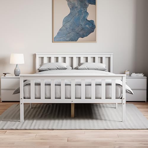 Vida Designs Milan Double Bed, 4ft6, Bed Frame, Solid Pine Wood, Headboard, High Foot End Bedroom Furniture, White