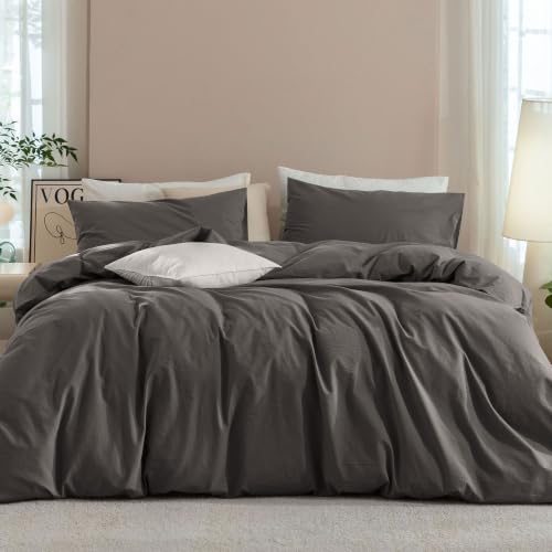 JIYUAN Queen Washed Cotton Duvet Cover Set, 3-Piece, Relaxed Linen Feel - Includes 2 Pillowcases, Hidden Zipper & 8 Corner Ties. Naturally Soft, Breathable & Lightweight. Machine Washable.