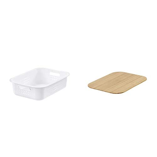SmartStore - Plastic Storage Basket Recycled 10 Litres Set : White Basket + Bamboo Lid