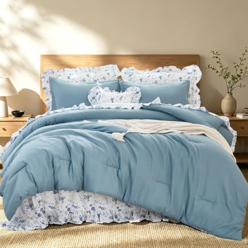 WONGS BEDDING Farmhouse Ruffle Comforter - Bed in a Bag with Floral Ruffle Flat Sheet & Floral Pillowshams, Shabby Chic Bedding, Farmhouse Comforter All Seasons