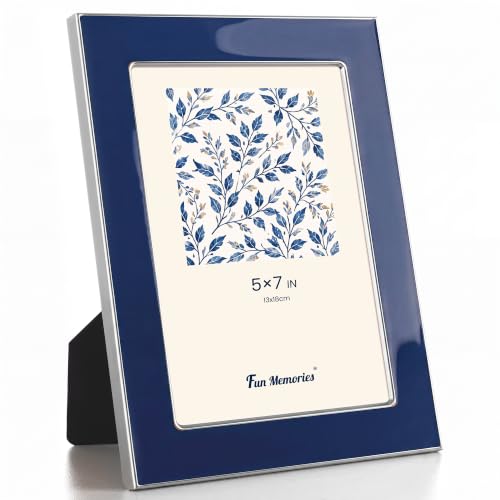 Fun Memories 5x7 Picture Frame - 1pcs Navy Blue Enamel Glass Photo Frame with Silver Metal Edge & Easel for Display Picture Frame on Countertops, Tabletops, Bookshelves, Desks, Walls (Navy/Silver)