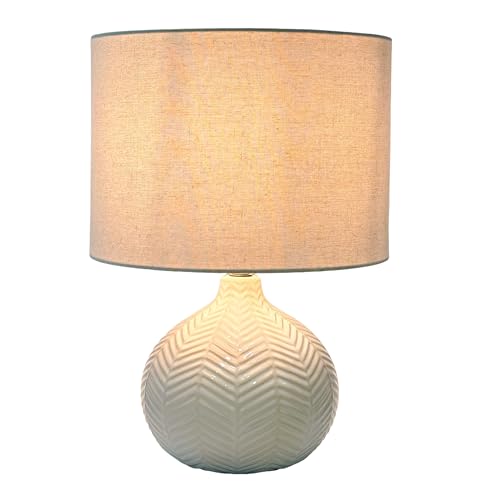 Relaxdays Table Lamp Herringbone Pattern Ceramic Base Fabric Shade E27 H42xD30cm Bedside Lamp with Cable White