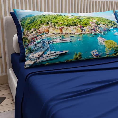PETTI ARTIGIANI ITALIANI - Cotton Sheet Set for Single and Half French Beds with Pillowcases and Fitted Sheet 140 x 200, Electric Blue Portofino Design, 100% Made in Italy