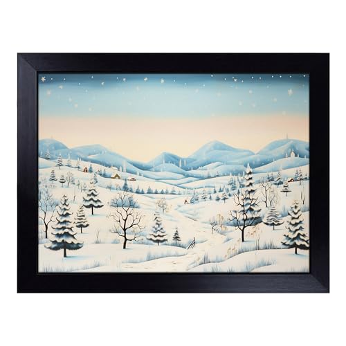 Lap Tray with Bean Bag Cushion, Winter Landscape Art Deco - Handmade in the UK, Raised Wooden Edge, Padded Cushion, Heat-Resistant Wipe-Clean Surface, for Meals, Laptops and Crafts