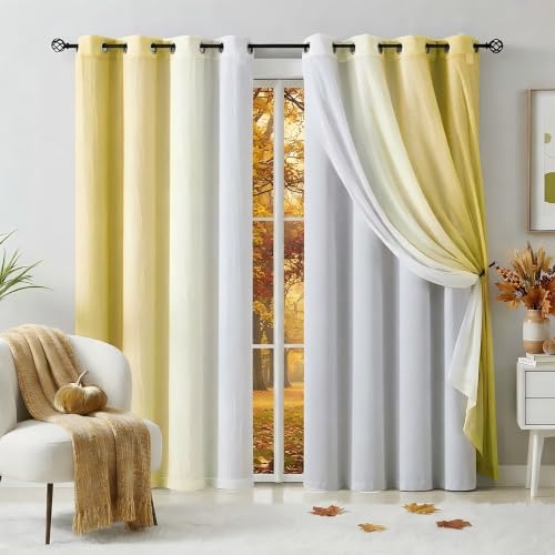 Yellow Blackout Curtains with Ombre Sheers Overlay 95 Inch Length for Living Room Christmas Decor, Mix and Match Double Layer Thermal Insulated Curtain Panels Set of 4 for Girls Bedroom, Grommet Top