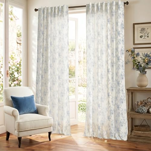 Dusty Blue Cream Floral Linen Curtains 96 Inches Long, Coastal Farmhouse Sheer Pattern Drapes, Grand Millenial Grandmillennial Decor Summer Curtains for Living Room Bedroom 2 Panels Set