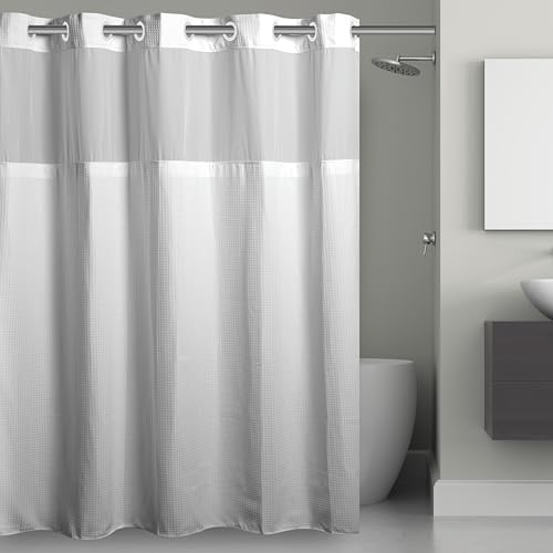 "Hookless It's A Snap! Microfiber Shower Curtain, 3-in-1 Shower Curtain Includes Shower Curtain with Sheer Top Window, Flex-On Rings & PEVA Snap-in Liner, 71"" x 74"", White"