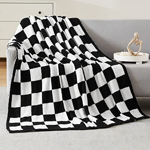 "WRENSONGE Checkered Throw Blanket, Black and White Microfiber Soft Cozy Fluffy Warm Hand Made Throw Blankets for Couch, Sofa, Chair, Bed, Camping, Picnic, Travel Lightweight Bed Blanket - 50""*70"""