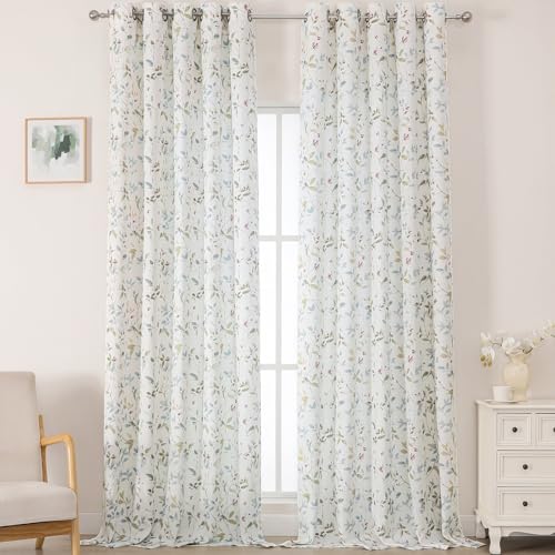 "OWENIE Floral Curtains for Bedroom Living Room 120 Inches Extra Long 2 Panels Set, Linen Blend Soft Farmhouse Light Filtering Leaf Printed Grommet Textured Curtains Drapes, Each 58"" Wx120 L, 2 PCS"