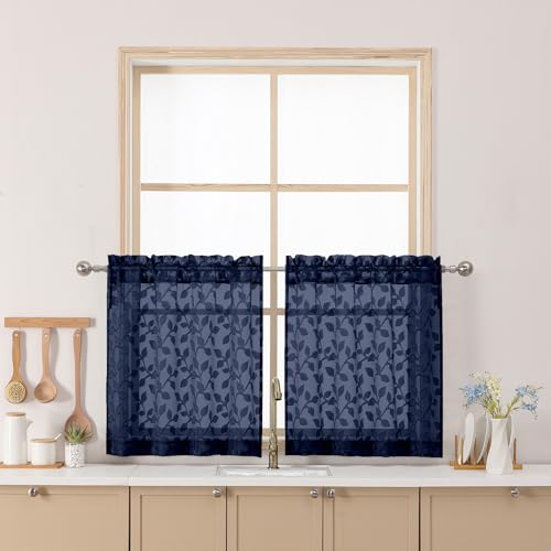 "Chyhomenyc Navy Blue Sheer Curtains 24 Inch Length, Light Filtering Leaf Tufted Textured Small Window Kitchen Curtain Over Sink, Short Half Window Curtains for Bathroom Basement, 30"" Wx24 L, 2 Panels"