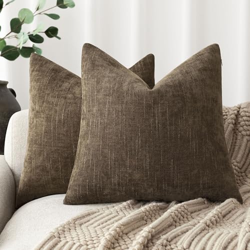 Foindtower Pack of 2 Soft Textured Chenille Throw Decorative Pillow Covers Square Accent Solid Cushion Cover Neutral Farmhouse Pillow Case for Couch Sofa Bedroom Living Room 22x22 Inch,Taupe Brown
