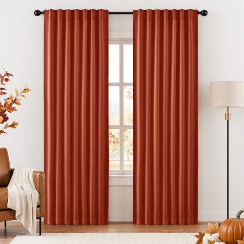 ANRODUO Rod Pocket and Back Tab Pleated Blackout Curtains with Hooks, Rings, Burnt Orange Curtains 84 Inches Long 2 Panels, Thermal Insulated Room Darkening Living Room Bedroom Curtain, 42x84 Inches