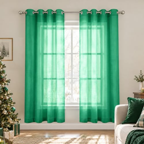 KOUFALL Green Sheer Curtains 63 Inch Length for Kitchen Window 2 Panels Set Home Decoration Window Treatments for Living Room Bathroom Dining Room