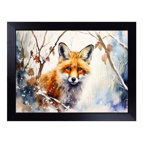 Lap Tray with Bean Bag Cushion, Fox Watercolour Art - Handmade in the UK, Raised Wooden Edge, Padded Cushion, Heat-Resistant Wipe-Clean Surface, for Meals, Laptops and Crafts