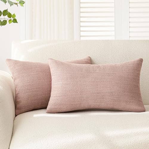 Foindtower Set of 2 Decorative Textured Burlap Linen Throw Pillow Covers Farmhouse Boho Lumbar Cushion Cover Solid Accent Pillowcase for Couch Sofa Bed Living Room Home Decor,12??20 Inch,Dusty Pink