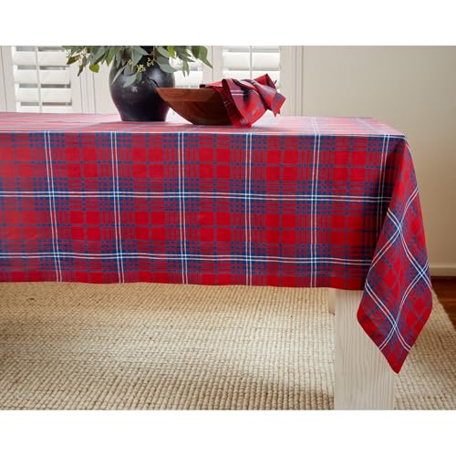 Solino Home 100% Pure Linen Tablecloth, 60 x 132 in, Red and Navy Plaid - Red Tartan Plaid Linen Table Cloth for dining and entertaining - woven plaid with neatly mitered corners - OEKO-TEX Certified