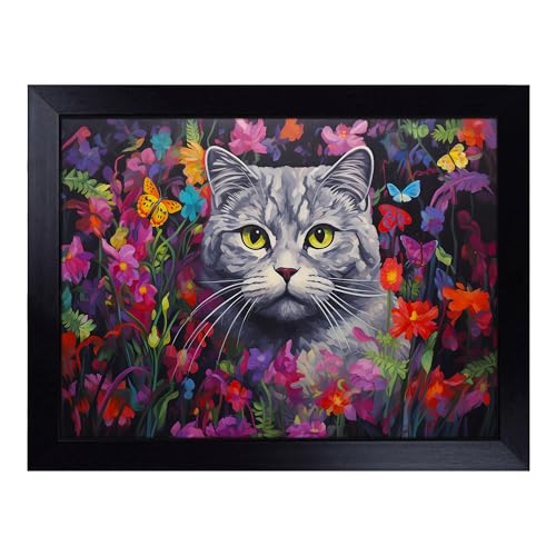 Lap Tray with Bean Bag Cushion, Cat Contemporary - Handmade in the UK, Raised Wooden Edge, Padded Cushion, Heat-Resistant Wipe-Clean Surface, for Meals, Laptops and Crafts