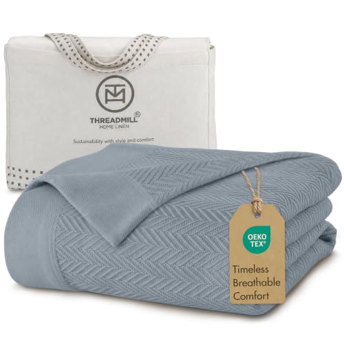 Threadmill Luxury Cotton Blankets - All-Season 100% Cotton - Herringbone Cozy Lightweight, Soft Breathable Fall Thermal Blanket fits Full/Queen Size Bed - Scottish Grey