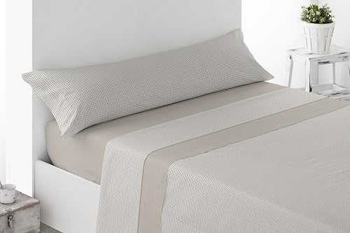 Miracle Home. Vichy 3-Piece Bedding Set, Fitted Sheet, Flat Sheet and Pillowcase, Anti-Peeling, 50% Cotton, 50% Brushed Microfibre, Beige, 105 x 200 cm, 105 cm Bed