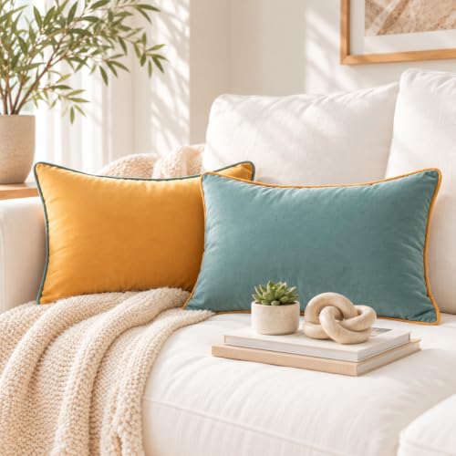 MONDAY MOOSE Decorative Throw Pillow Covers Cushion Cases, Set of 2 Soft Velvet Modern Double-Sided Designs, Mix and Match for Home Decor, Pillow Inserts Not Included (12x20 inch, Orange/Teal)