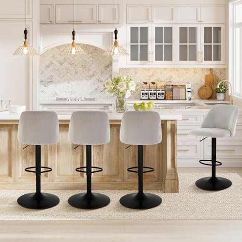 COLAMY Breakfast Bar Stools Set of 4, Modern Swivel Kitchen Stool, Adjustable Upholstered Barstools Counter Height with Square Open Back for Bar Kitchen Island, Dining Room, Grey
