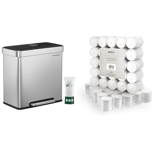 SONGMICS Kitchen Bin, 2 x 30L Stainless Steel Pedal Rubbish Bin with 15 Trash Bags, Recycling & delka 8 Hour Tea Light Candles, 50 Pack, Long Burning Time, Unscented Tea Lights - White