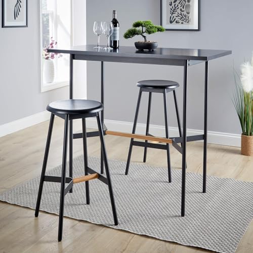 Home Source Dining Kitchen Breakfast Bar Table and Chair Set, Black Metal and Oak Veneer, 2 Stools