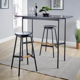 Home Source Dining Kitchen Breakfast Bar Table and Chair Set, Black Metal and Oak Veneer, 2 Stools