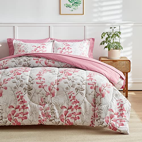 Pink Floral Comforter Sheet Set Bed in a Bag 7 Pieces King Pink Gray Flower Leaves Bedding Set (1 Comforter 2 Pillow Shams 1 Flat Sheet 1 Fitted Sheet 2 Pillowcases)