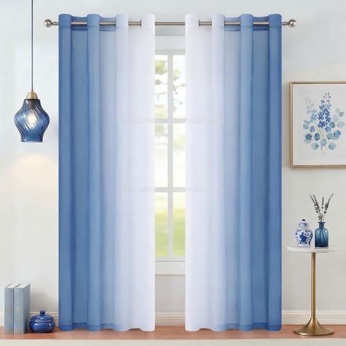 Purainbow Blue Ombre Sheer Curtains 84 Inch Long for Living Room 2 Panels - Grommet Chiffon Crinkle Gradient Semi Voile Window Curtain Drapes, Light Filtering Privacy Protection for Bedroom, Garden