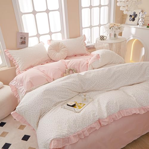 "AMZTOP Pink Floral King Size Duvet Cover with Ruffle 100% Cotton Comforter Cover 3 Pcs, Teen Girls Chic Aesthetic Duvet Cover with Zipper Closure, Princess Bedding Sets 104""x90"""
