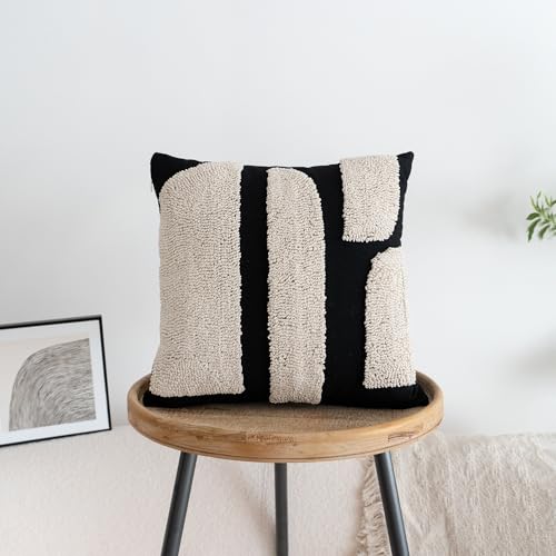VANNCIO Black Cream Boho Chunky Tufted Pillow Cover, Neutral Decorative Square Throw Pillow Case, Geometric Woven Modern Sham for Bed Couch Living Room, 18x18 inches, 1PCS