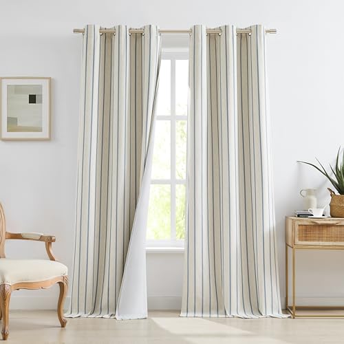 "Bapawfish Dusty Blue Striped Full Blackout Bedroom Curtains 90 Inches Long - Woven Vertical Stripes on Beige Linen Blended Natural Drapes,Farmhouse Energy Efficient Window Treatment,Grommet,40""Wx90""Lx2"