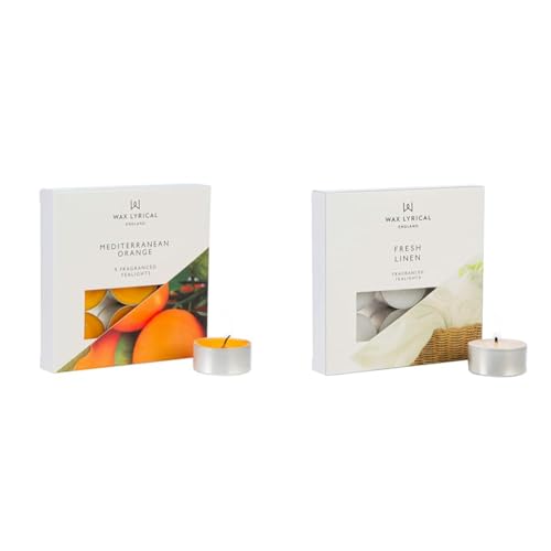 Wax Lyrical Scented Tealight Candles, Box of 9, Mediterranean Orange & Scented Tealight Candles, Box of 9, Fresh Linen, Silver