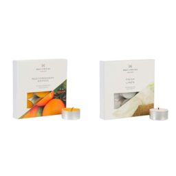 Wax Lyrical Scented Tealight Candles, Box of 9, Mediterranean Orange & Scented Tealight Candles, Box of 9, Fresh Linen, Silver