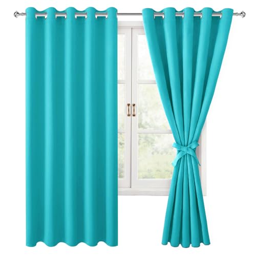 Hiasan Blackout Curtains for Bedroom, 60 x 63 Inches Length - Thermal Insulated & Light Blocking Window Curtains for Living Room/Kids Room, 2 Drape Panels Sewn with Tiebacks, Turquoise
