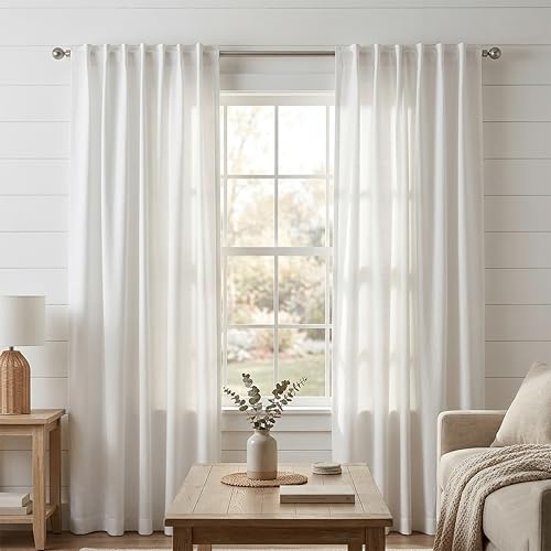 "THE BEER VALLEY Tab Top Farmhouse Cotton Curtains, 2 Panel Sets, White, W 50"" x L 108"""