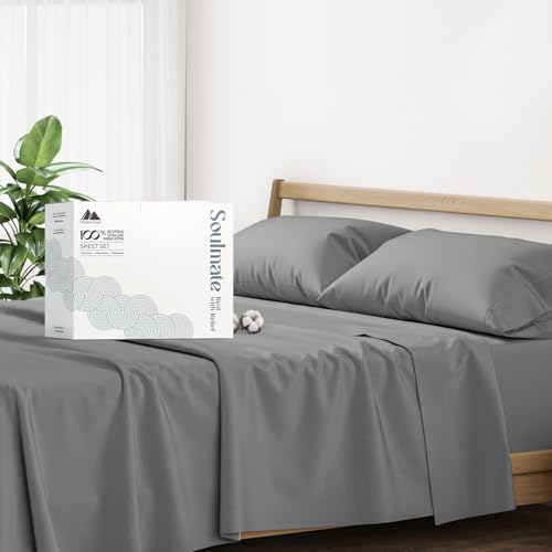 "Mayfair Linen Sheets 100% Egyptian Cotton Queen Size - Luxury 500 Series Queen Sheet Set (4 PC, Dark Grey), Silky Soft, Cooling 16"" Deep Pocket Hotel Quality Bed Sheet - Soulmate Collection"