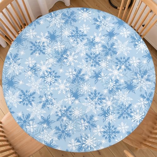 ABSOP Christmas Snowflake Round Fitted Tablecloth with Elastic Edge Xmas Blue and White Circle Table Cloth 40-44 Inch Winter Table Cover for Kitchen Dining Party Patio Picnic
